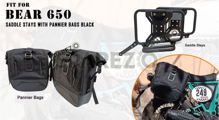 Fit For Royal Enfield Bear 650 Canvas and Leather Pannier Bags With Saddle Stays - SPAREZO